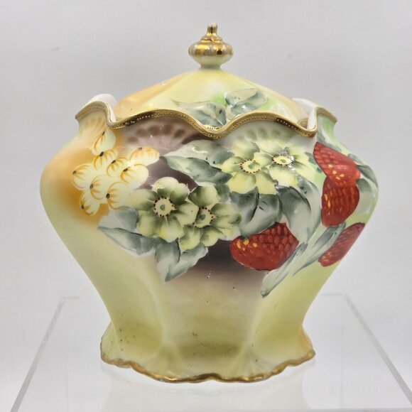 Antique Nippon Biscuit Jar Hand Painted Raspberries Gooseberries w/ Lid Japan - Picture 1 of 13